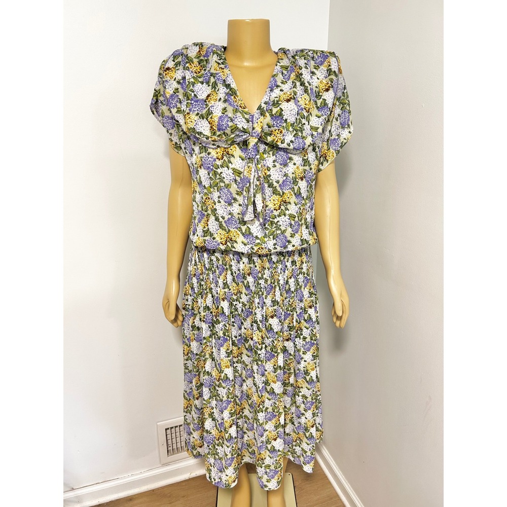 Leslie Fay Vintage Floral Pleated Midi Dress Purple Yellow Hydrangea Size 14